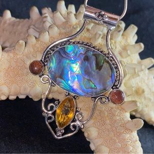 Vibrant Abalone + Citrine + Amethyst Natural Gemstone statement pendant
